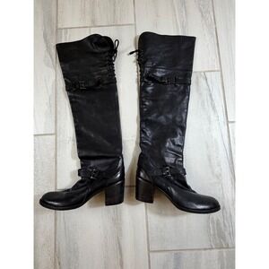 Jeannot Italy Black Leather Over The Knee Buckle Harness Block Heel Boots 40